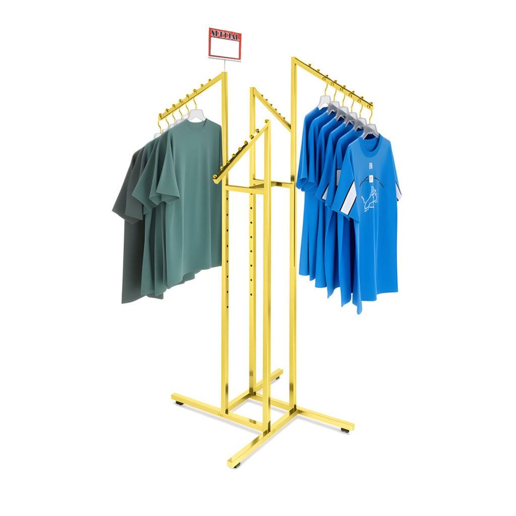 Collection of BDF Inc. commercial 4-way clothing racks in chrome, satin chrome, and matte black finishes, displayed in a modern retail environment