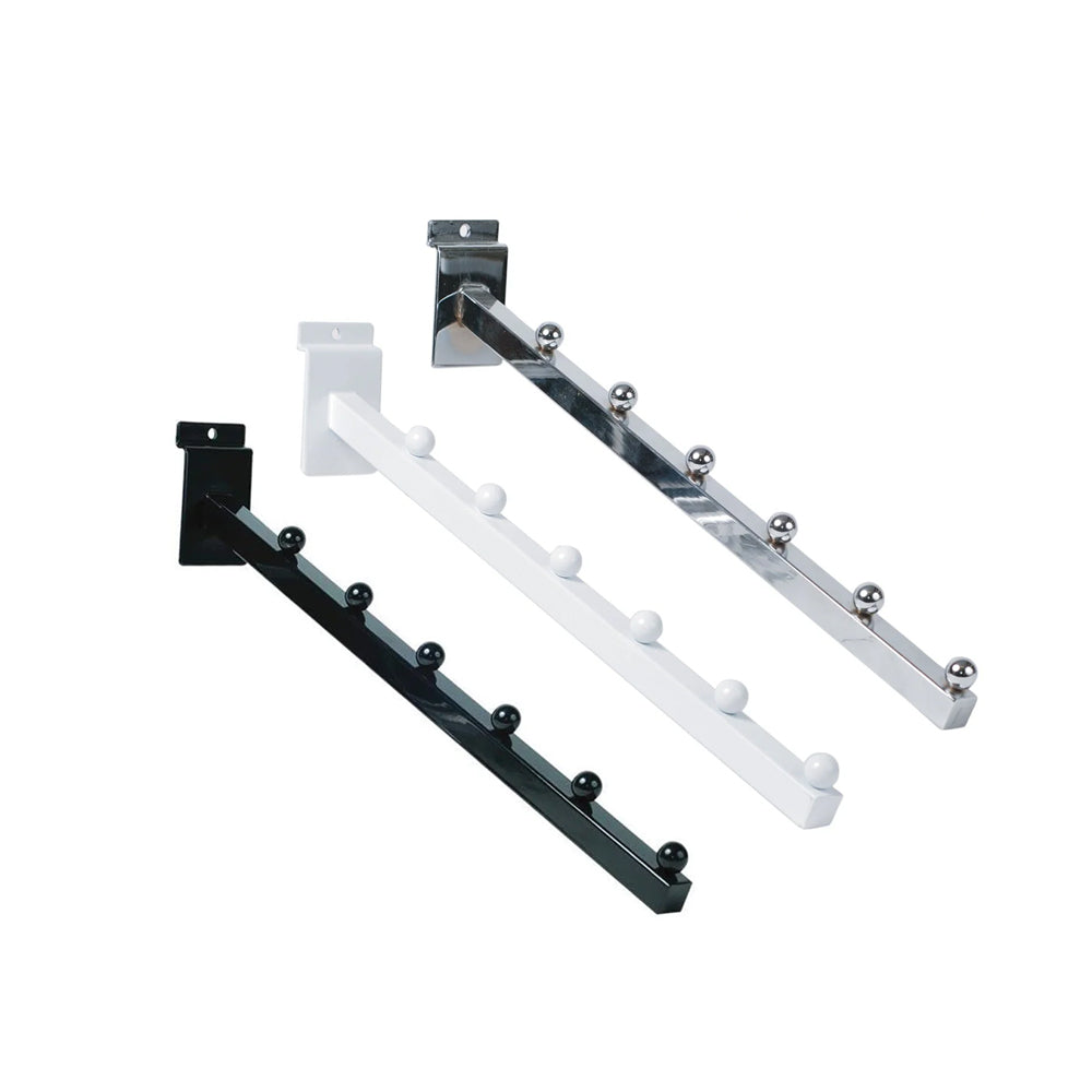 A slatwall faceout display system holding multiple garments, neatly organized on a slatwall panel in a retail store setting.