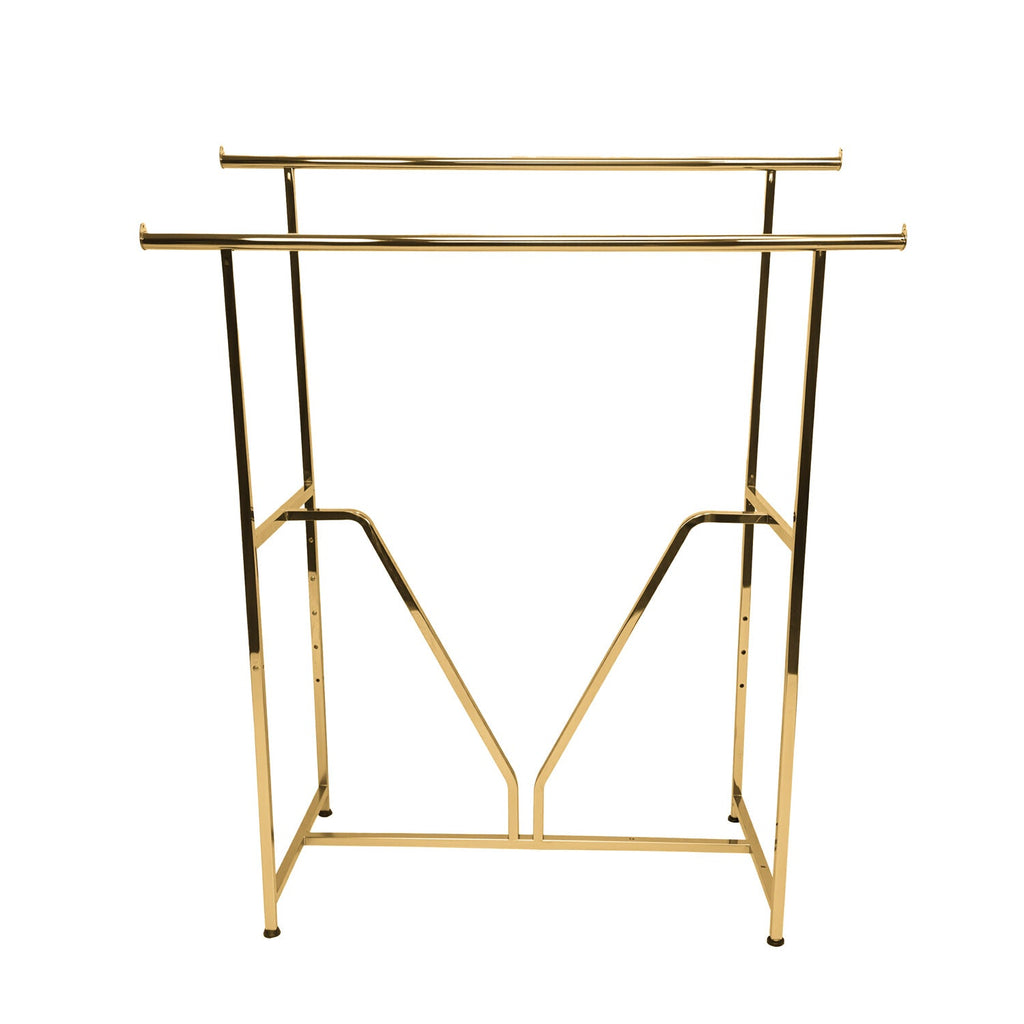 BDF commercial double bar clothing racks (H-racks) in chrome and black finishes, showing complete display system with add-on rails and accessories in retail environment