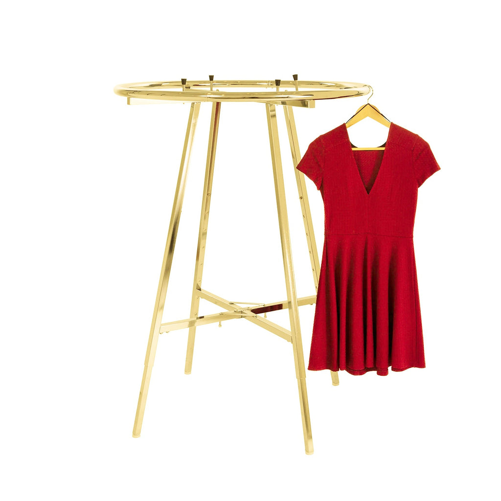 BDF commercial round clothing racks in 32, 36, and 42-inch diameters, showing chrome, satin chrome and matte black finishes in retail store setting