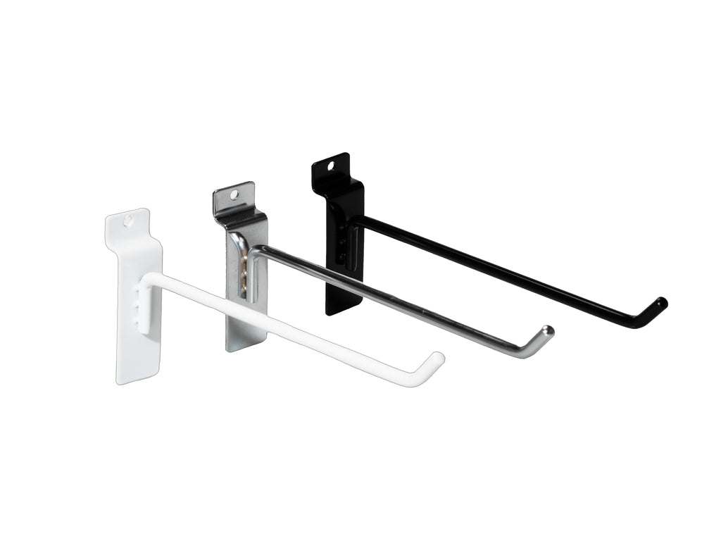 Slatwall hooks for retail store displays and accessories.