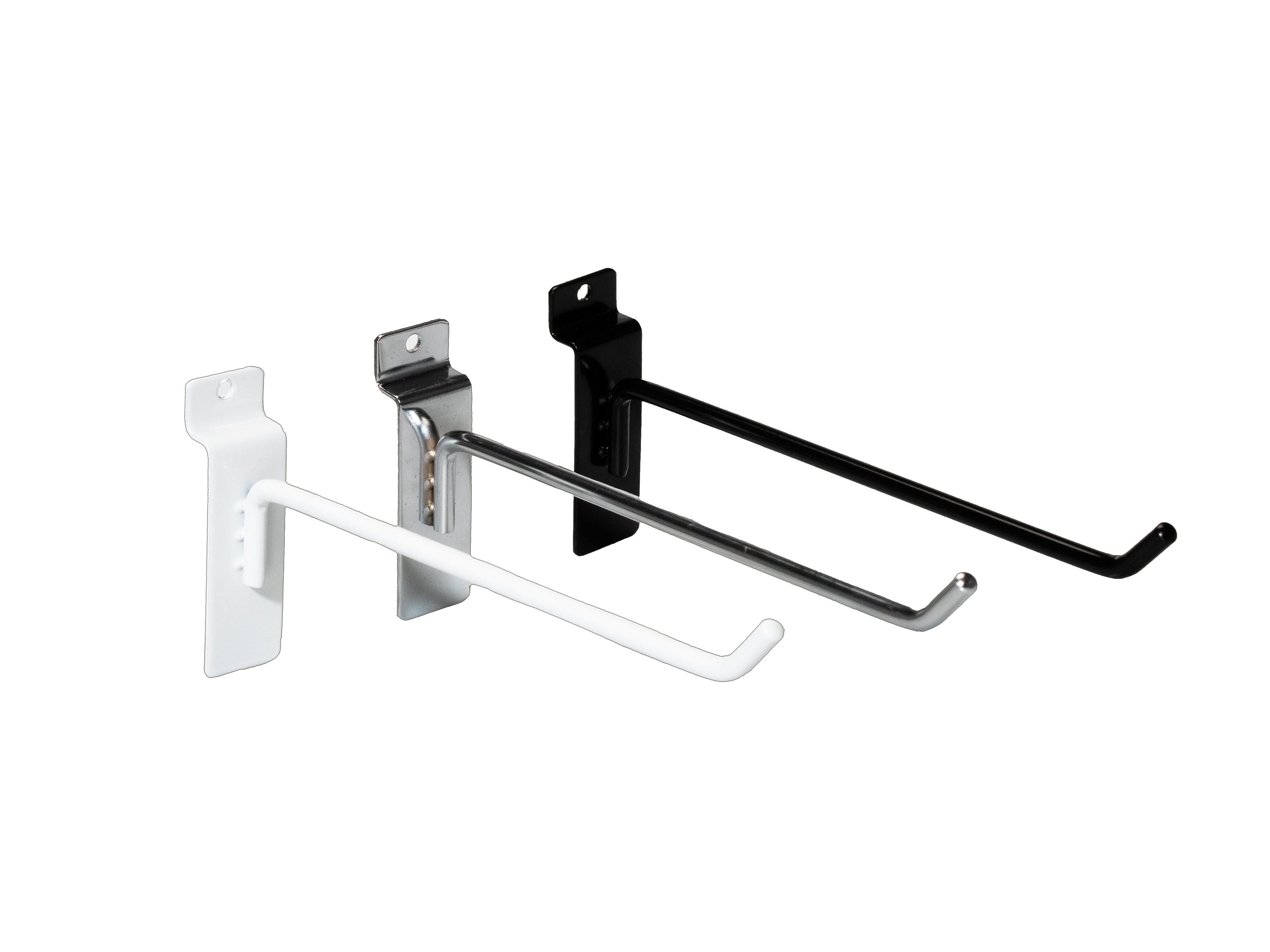 Slatwall hooks for retail store displays and accessories.