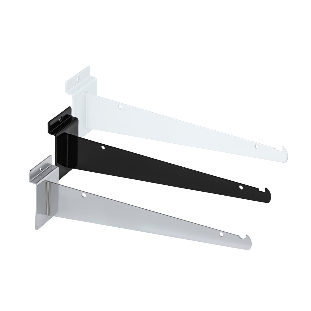 Metal and plastic slatwall shelf brackets comparison showing material options