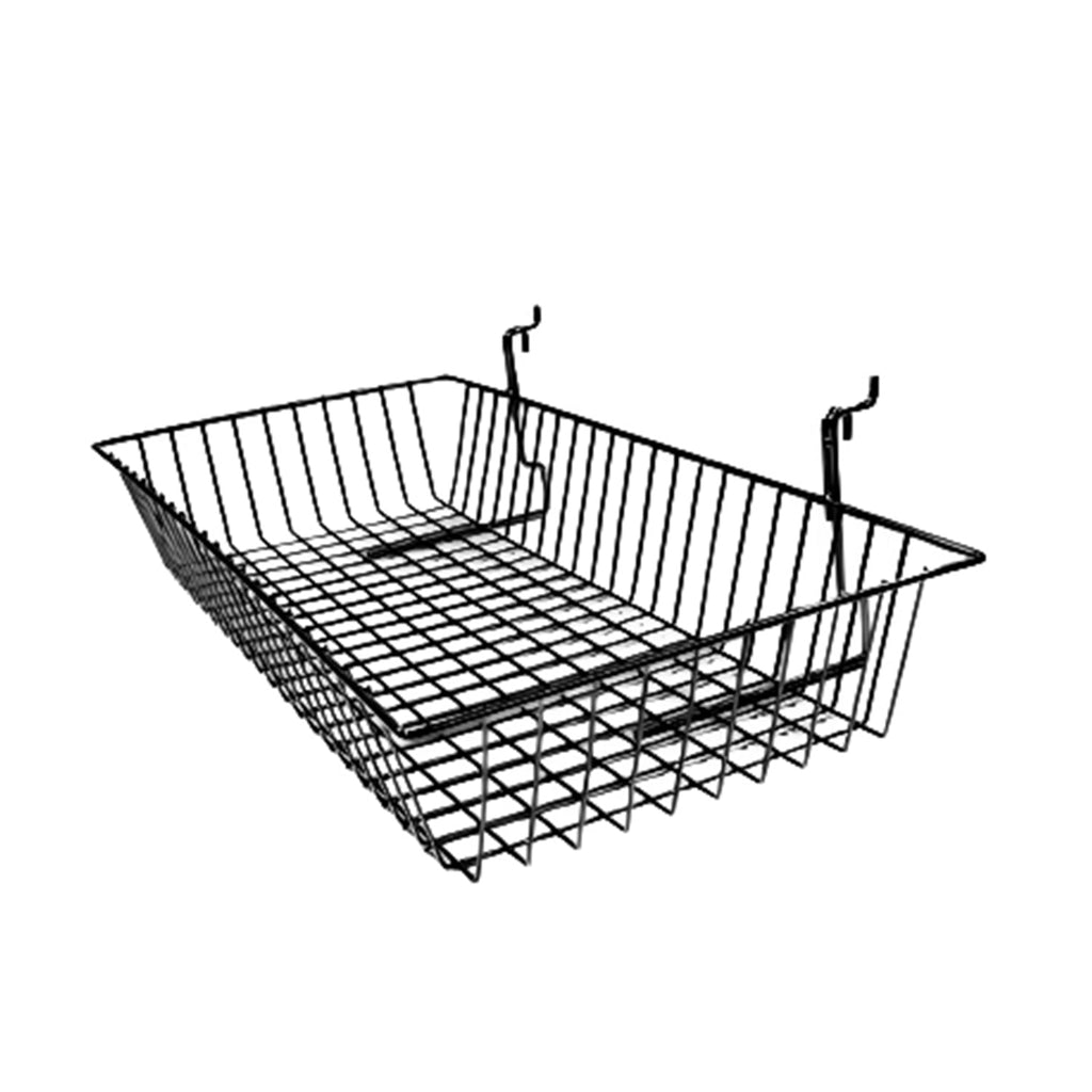 A collection of slatwall wire baskets including standard, slanted, and bookshelf styles mounted on a slatwall panel, holding various retail products.