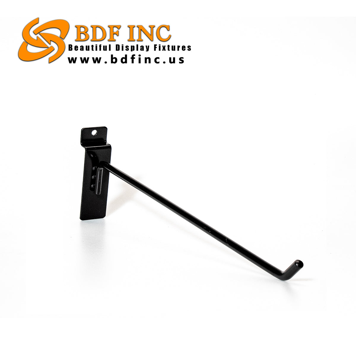 10 inch extra long black slatwall peg hook isolated on white background