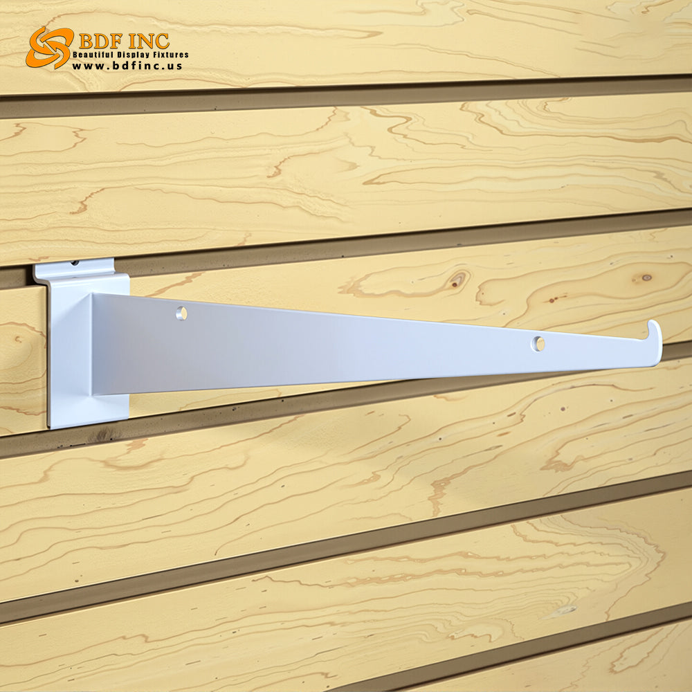 White metal bracket supporting 12-inch glass shelf with secure fit