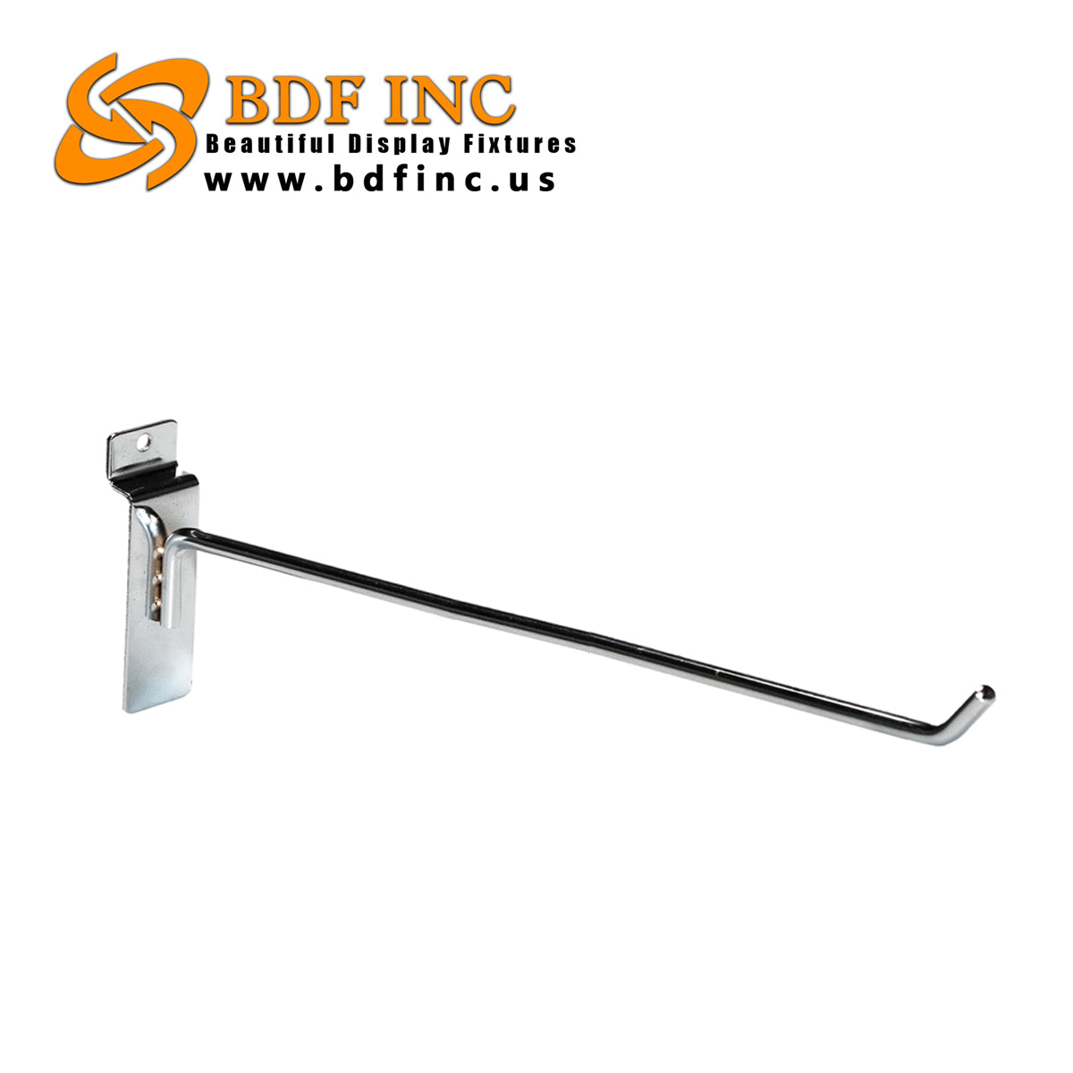 12 inch maximum length chrome slatwall peg hook isolated display