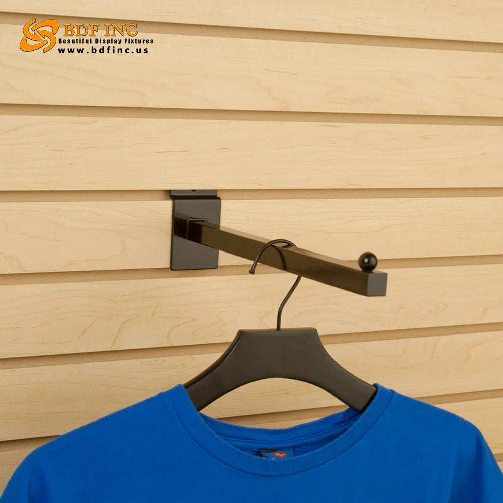 Close-up of square tube display arm showing ball stop security feature