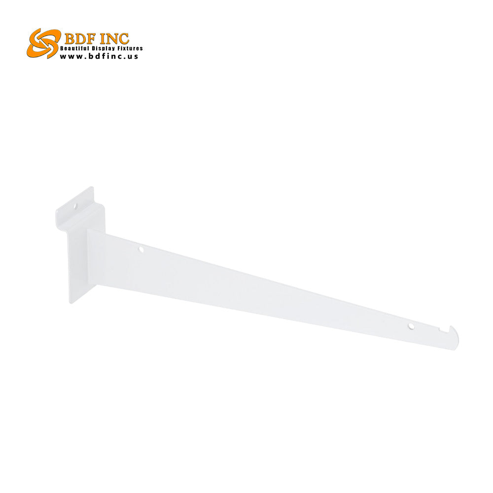 12 inch white slatwall shelf bracket with secure upturned notch design
