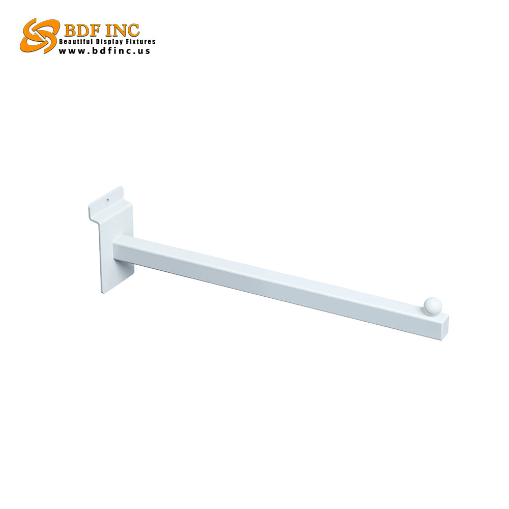 12 inch white square tube display arm with semi-gloss finish for slatwall