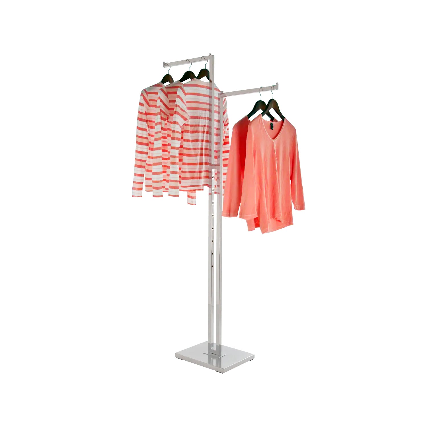 Close-up of push-button height adjustment mechanism on BDF chrome 2-way clothing rack, showing 48" to 72" range
