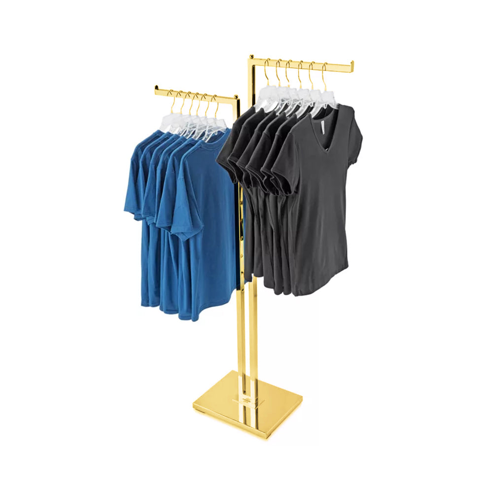 Premium gold 2-way clothing rack with dual straight arms and weighted base – front view by BDFinc