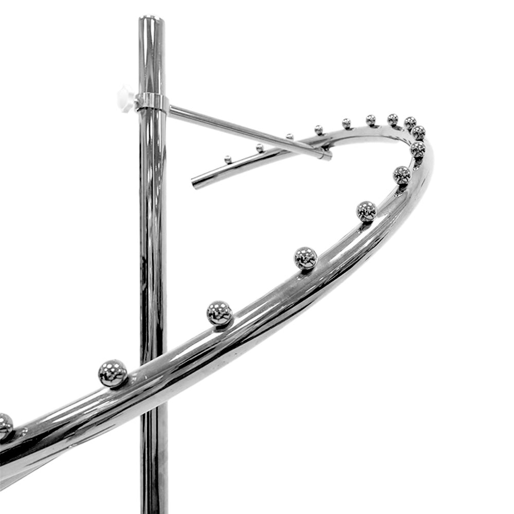 Close-up of 20 ball stops on chrome-gold spiral garment rack, commercial display fixture for wholesale purchase