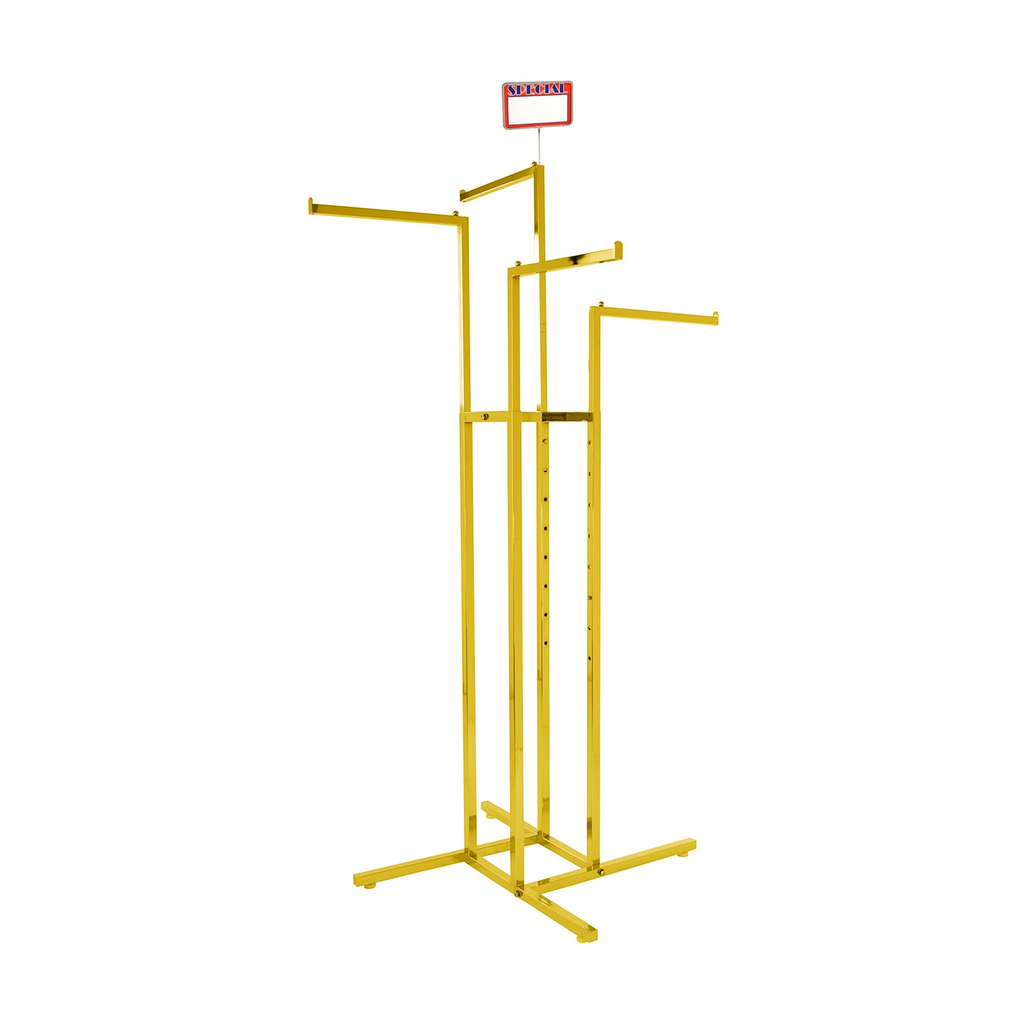 BDF 4-way clothing rack with chrome-gold electroplated finish, showing luxurious durable plating on square tubing