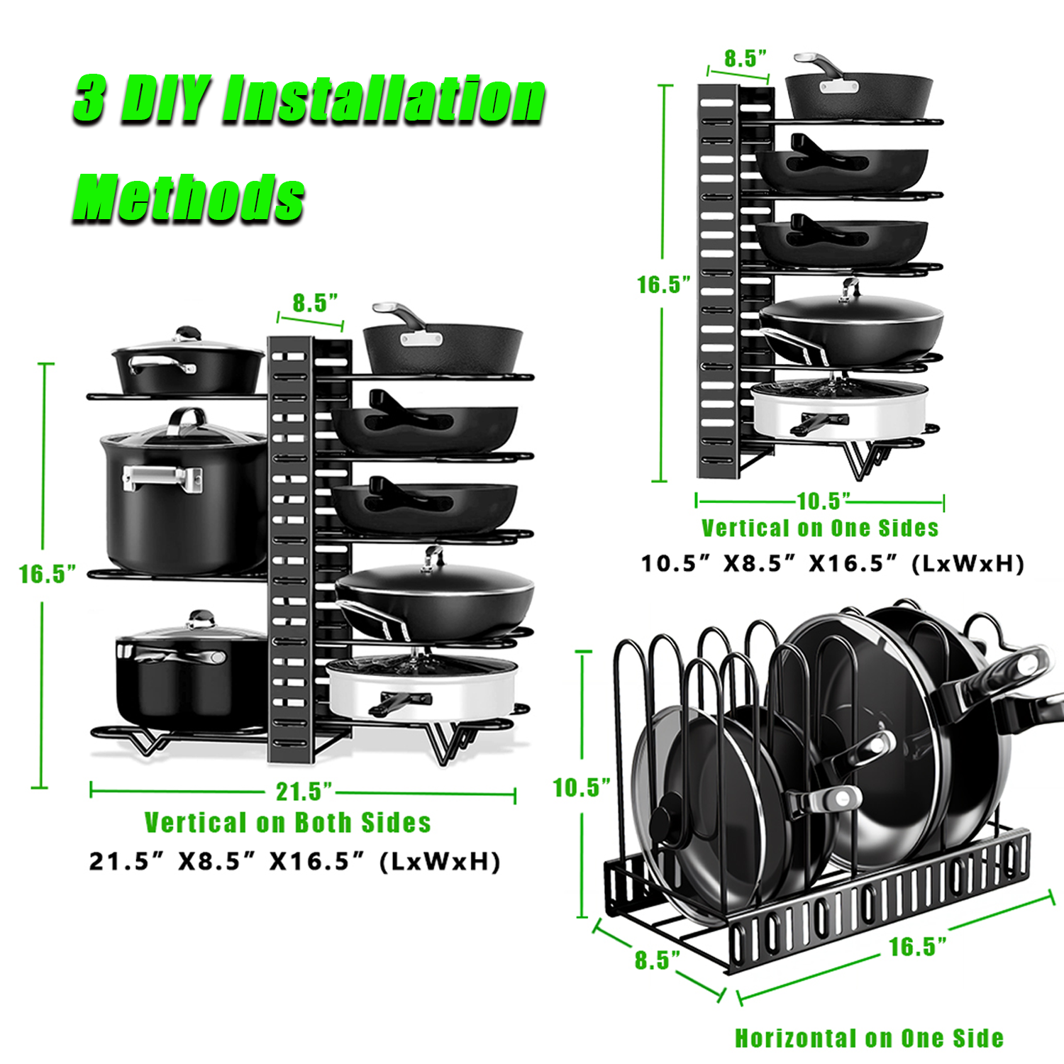 8-Tier Adjustable Pot and Lid Organizer Functional Kitchen Pot Storage Rack for Under Cabinet Kitchen