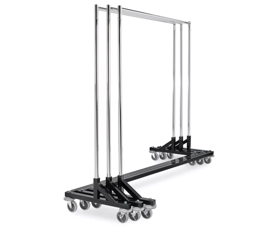 Detail of locking caster on black Z rack for commercial mobility