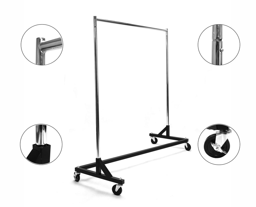 Angled view of black Z rack with chrome rail and heavy-duty base