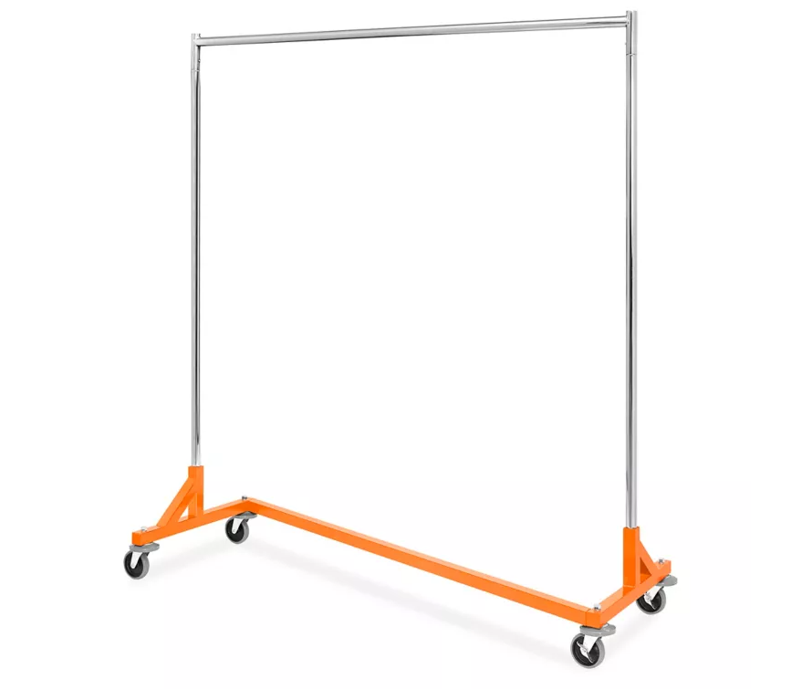 5 ft heavy duty garment Z rack with OSHA orange base, front view on white background