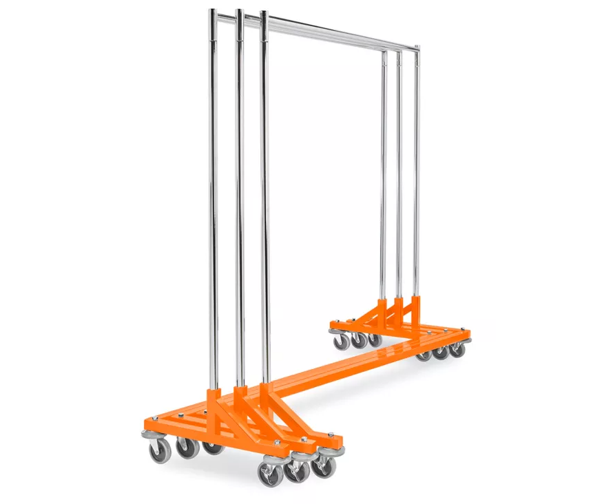 Side view of orange Z rack showing Z-shaped base and chrome hangrail