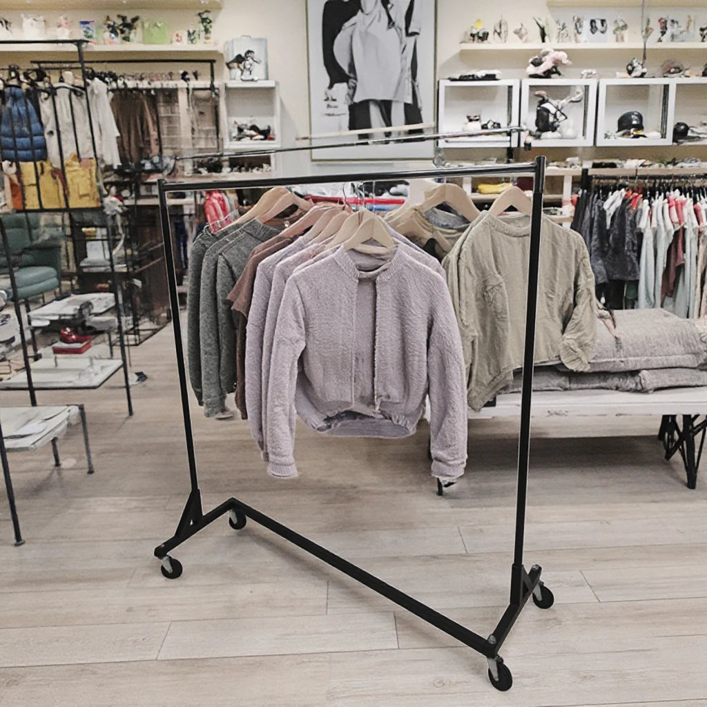 Multiple 5 ft Z racks in retail stockroom showing nesting storage