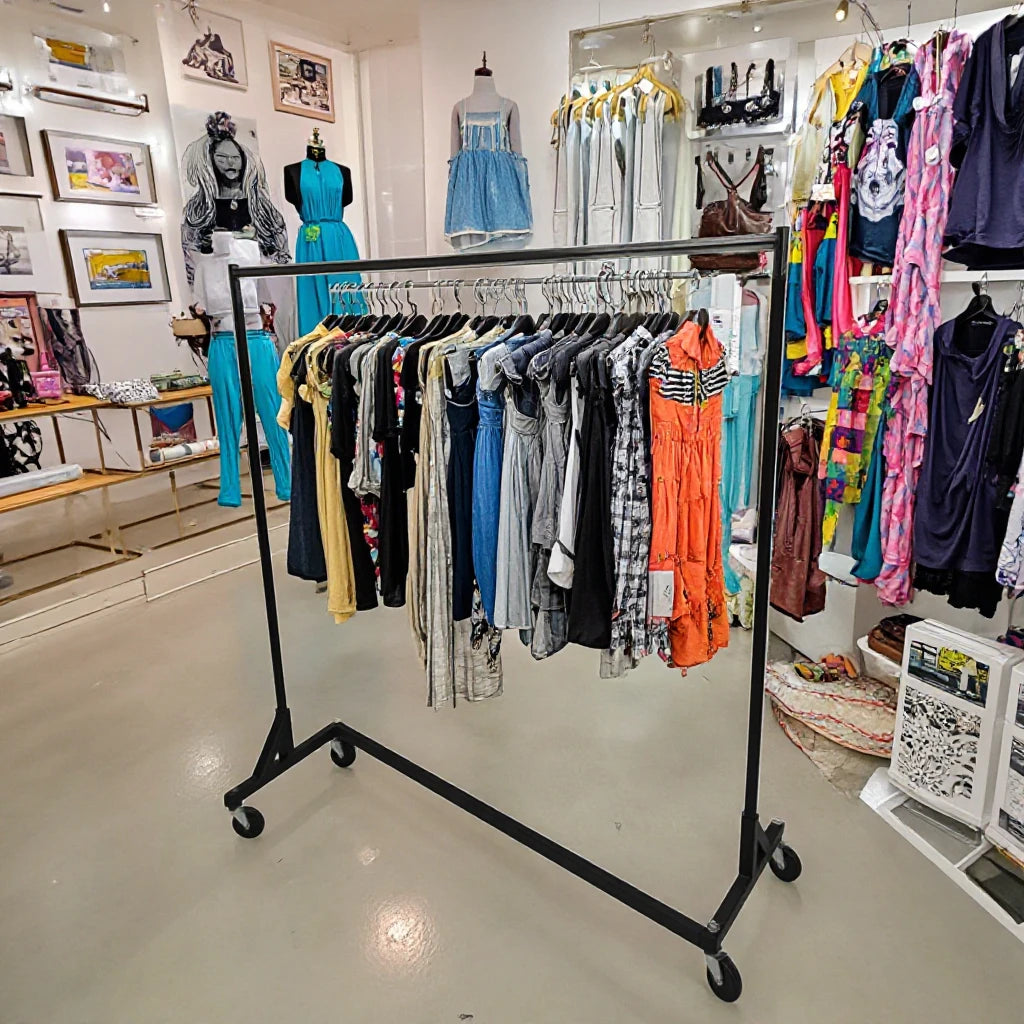 Heavy duty Z rack in warehouse environment with bulk garments