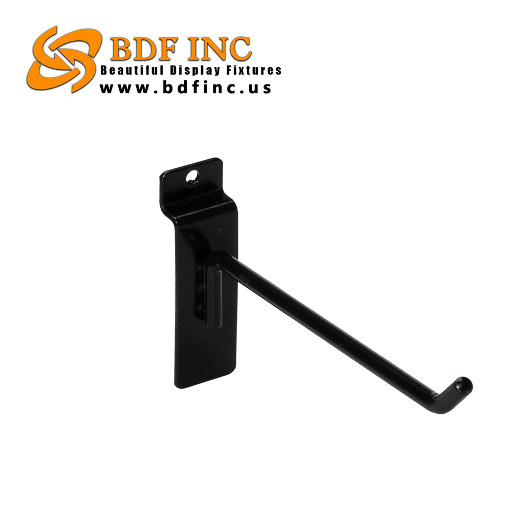 Slatwall hooks - 6 inch black peg hook on white background