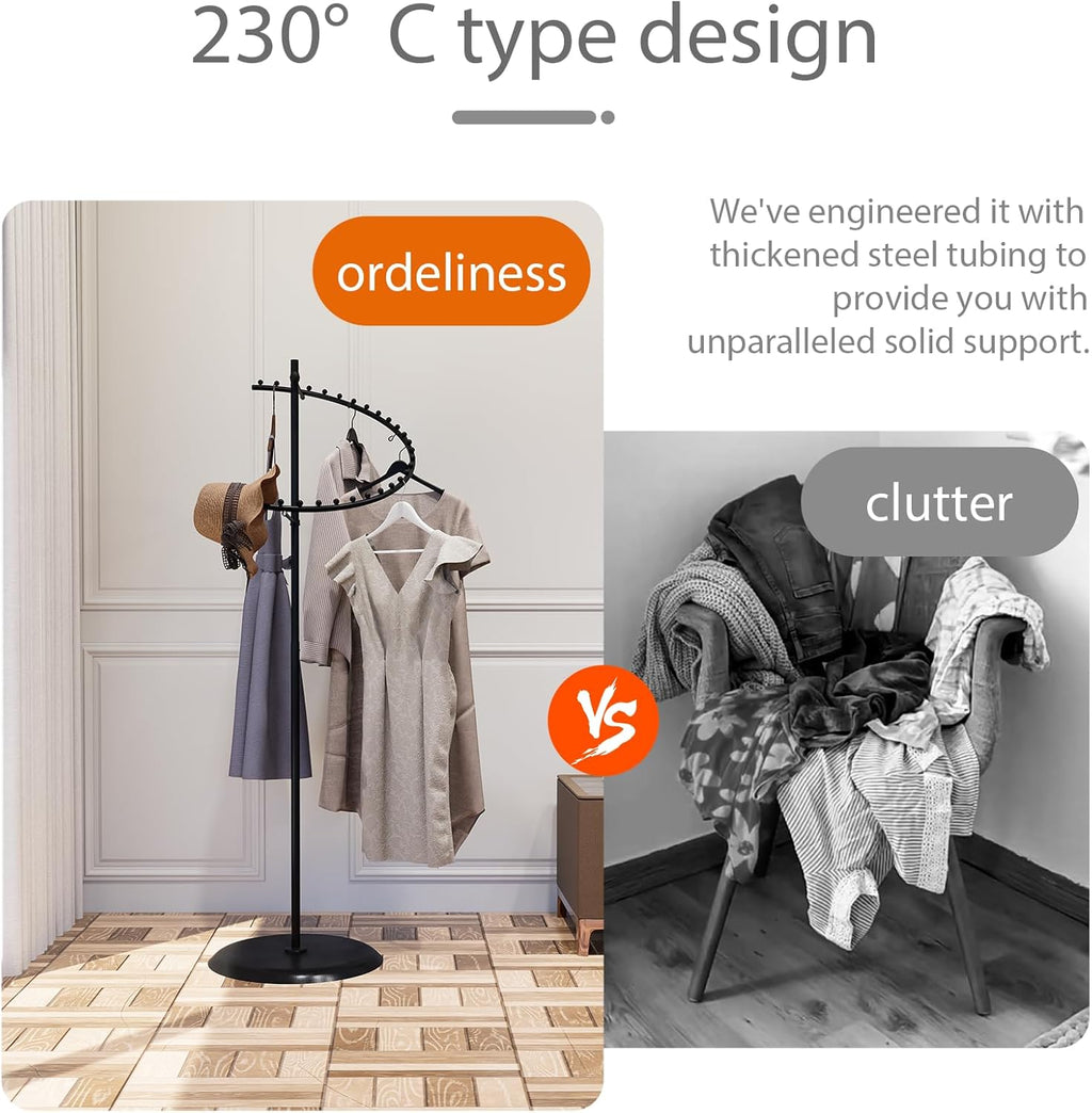 Space-efficient layout of black spiral clothing rack in boutique, showing compact footprint