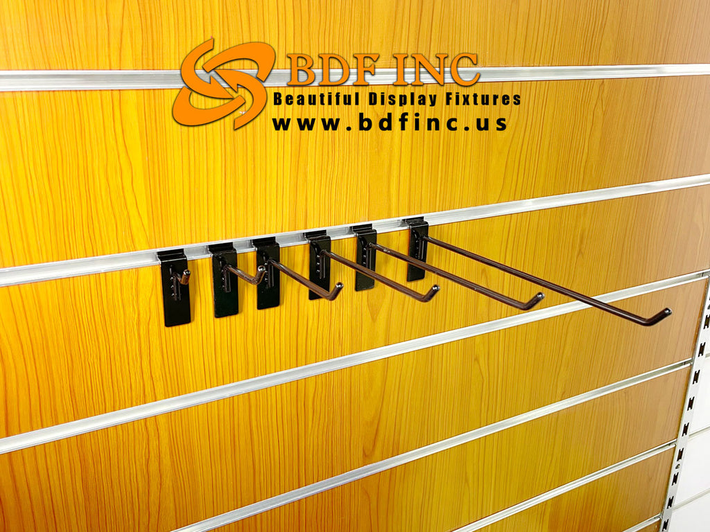 8 inch black slatwall hooks installed for bulk merchandise display