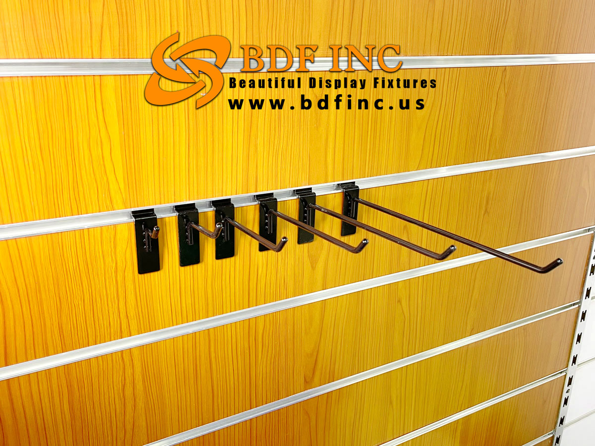 8 inch black slatwall hooks installed for bulk merchandise display