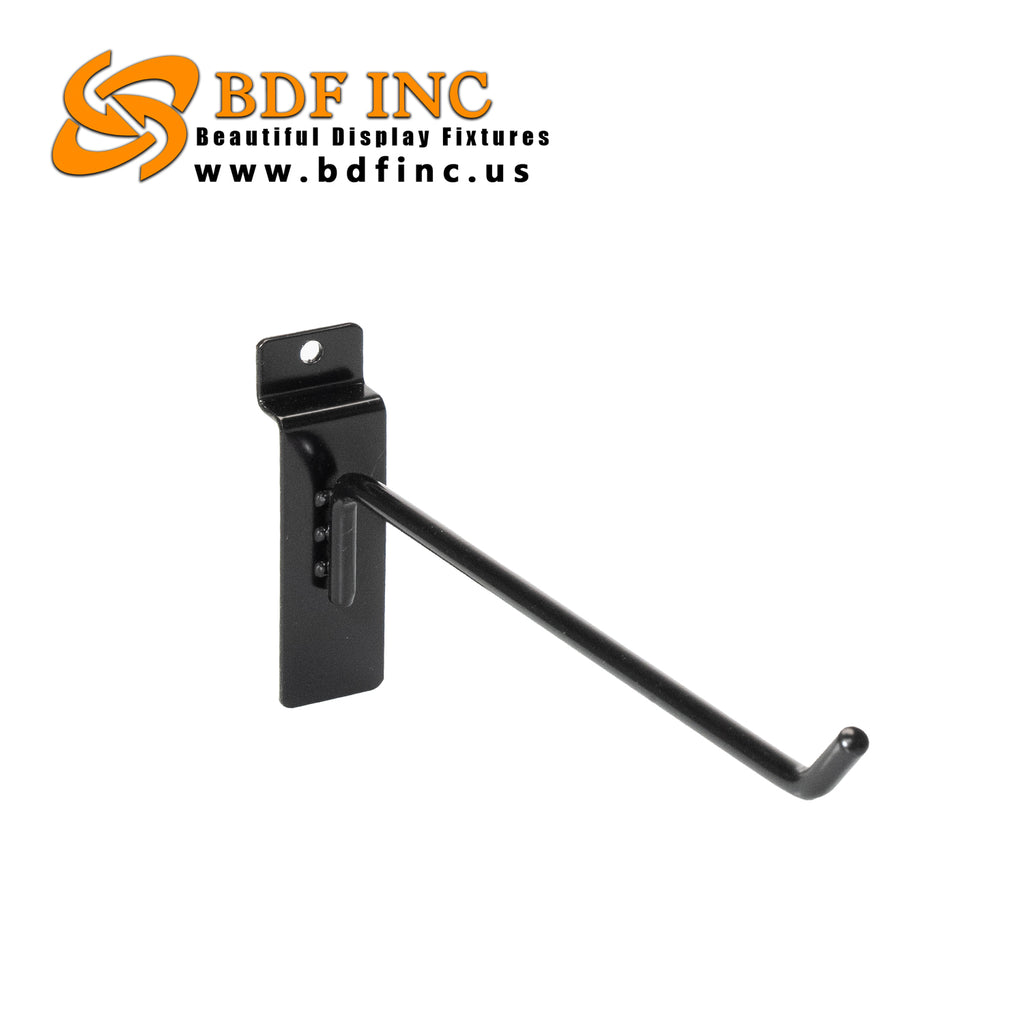 8 inch black slatwall peg hook isolated on white background