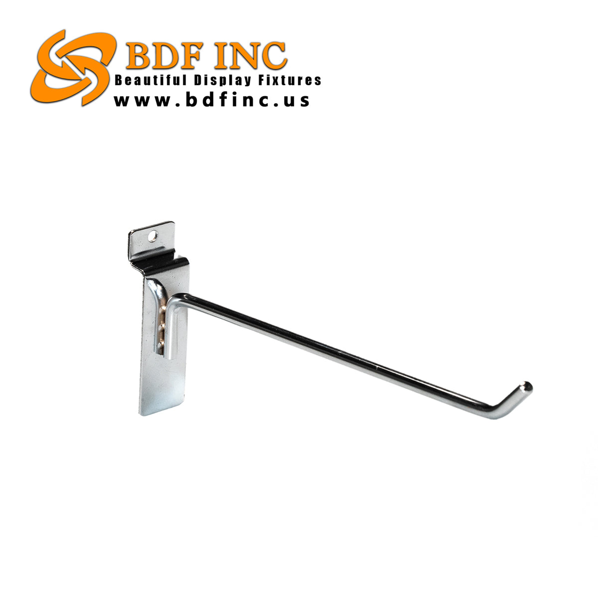 8 inch chrome slatwall peg hook with polished finish isolated on white background