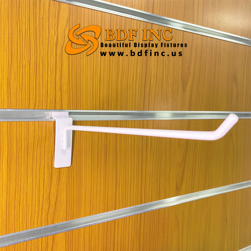 8 inch white slatwall hook displaying oversized retail products