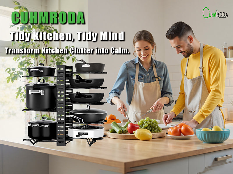 8-Tier Adjustable Pot and Lid Organizer Functional Kitchen Pot Storage Rack for Under Cabinet Kitchen