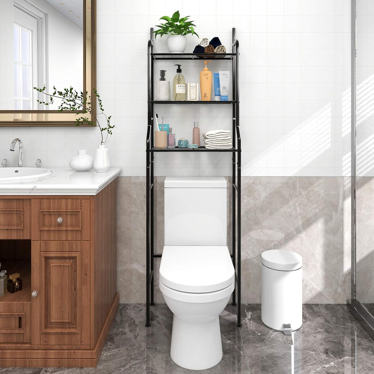 3-Tier Over The Toilet Storage, Space Saver Metal Bathroom Shelves, Freestanding Above Over Toilet Storage , Black