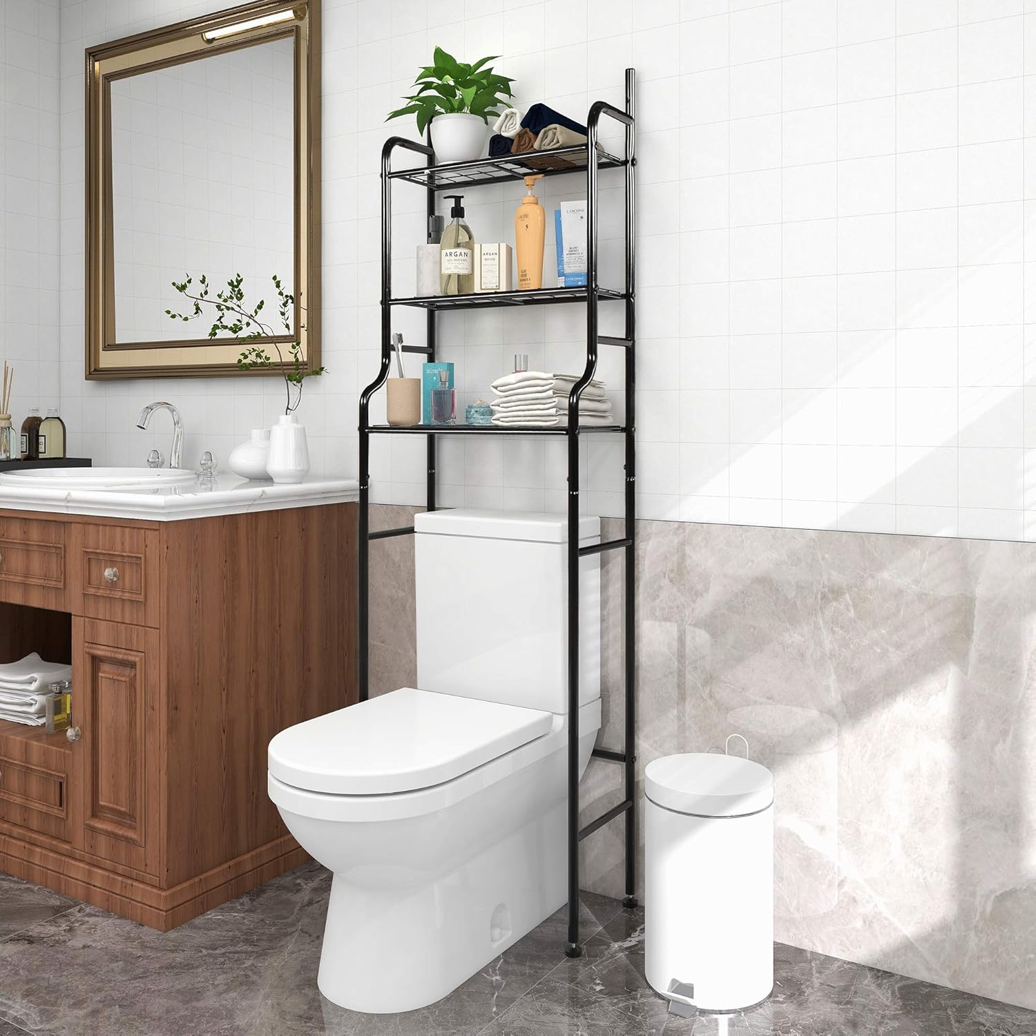 3-Tier Over The Toilet Storage, Space Saver Metal Bathroom Shelves, Freestanding Above Over Toilet Storage , Black