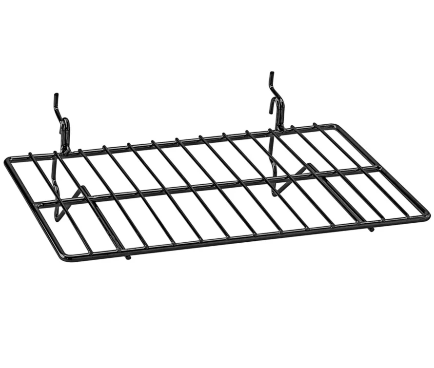BDF Universal 8x12 inch black wire display shelf with universal mounting clips, shown on a clean white background.