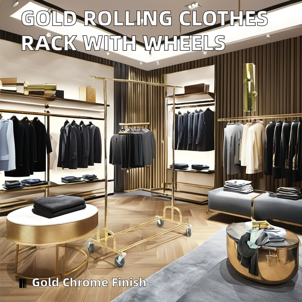 BDF simple rolling clothing display rack in chrome and gold finishes on white background, commercial retail display fixture