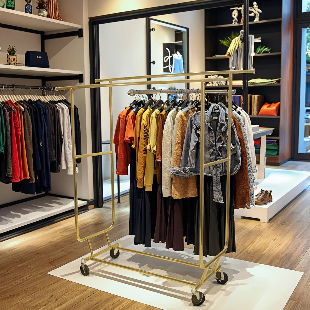 Modern Double Rod Clothing Rack Heavy Duty Golden Collapsible Stand Portable Iron Retail Display Stand Factory