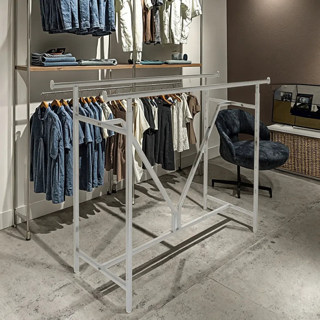 Double Rail Straight Clothes Display Rack with V Brace Chrome Garment Rack for Store Display