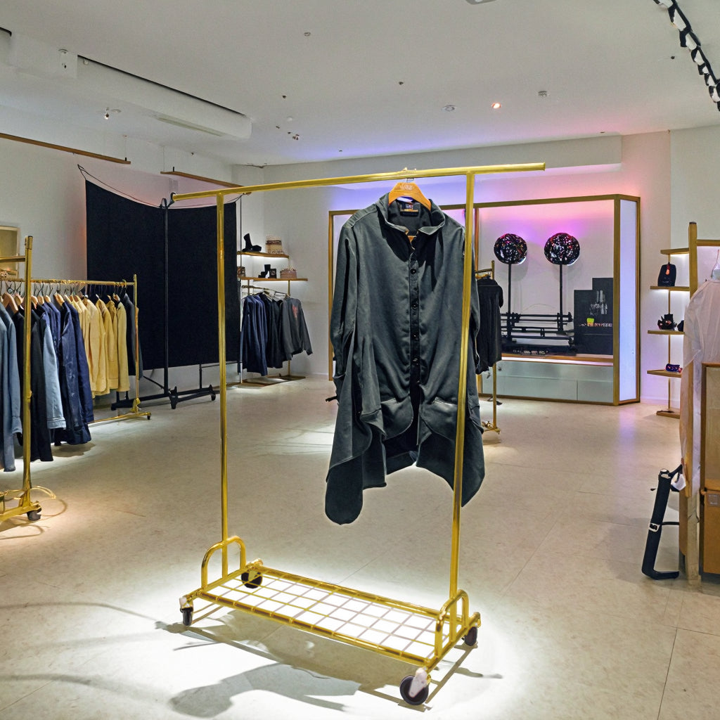 Golden Simple Rolling Metal Garment Rack Organizer Freestanding Clothes Display Rack for Store Display