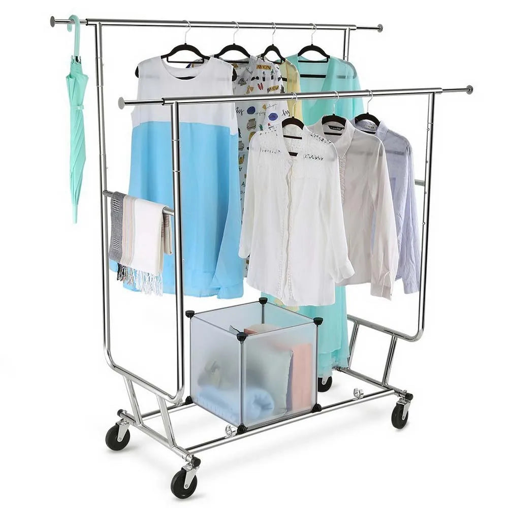 Modern Double Rod Clothing Rack Heavy Duty Golden Collapsible Stand Portable Iron Retail Display Stand Factory