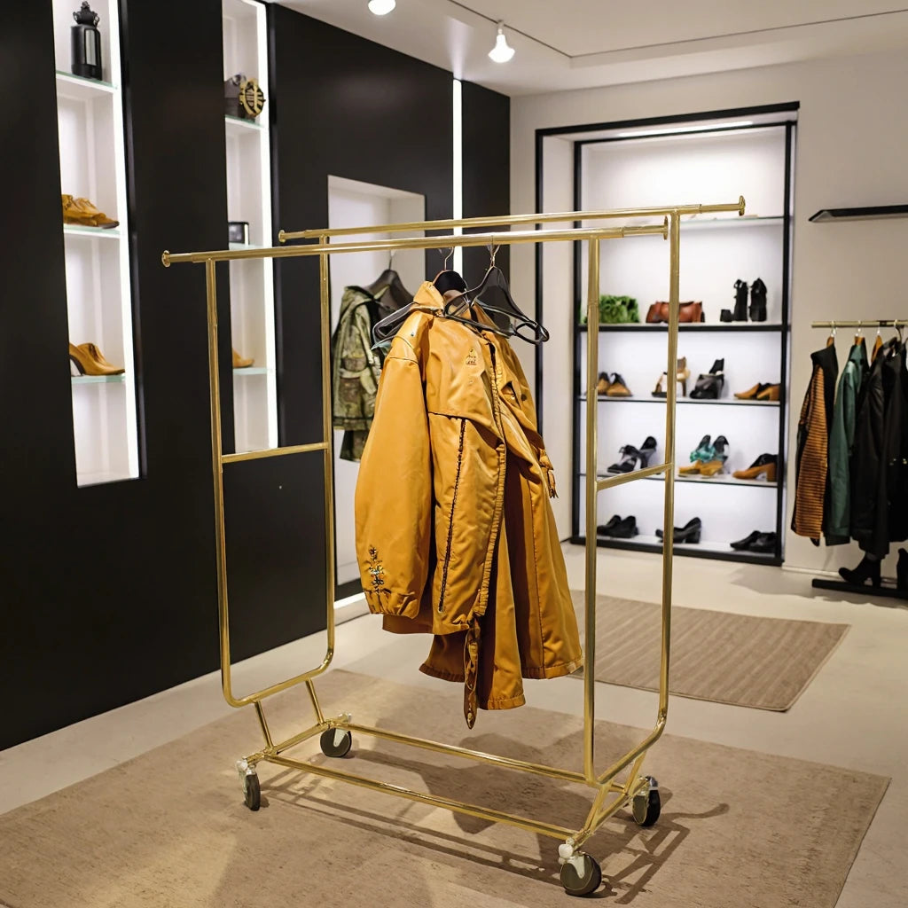 Modern Double Rod Clothing Rack Heavy Duty Golden Collapsible Stand Portable Iron Retail Display Stand Factory