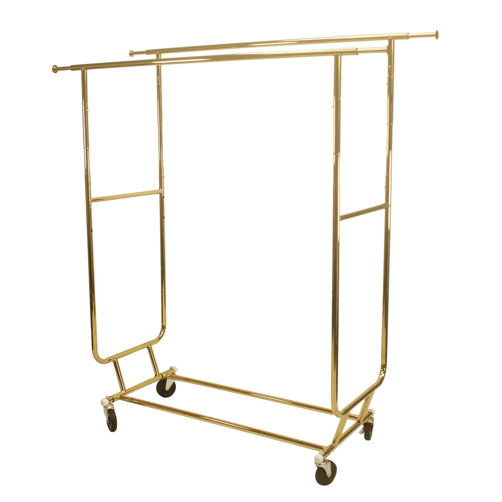 Modern Double Rod Clothing Rack Heavy Duty Golden Collapsible Stand Portable Iron Retail Display Stand Factory