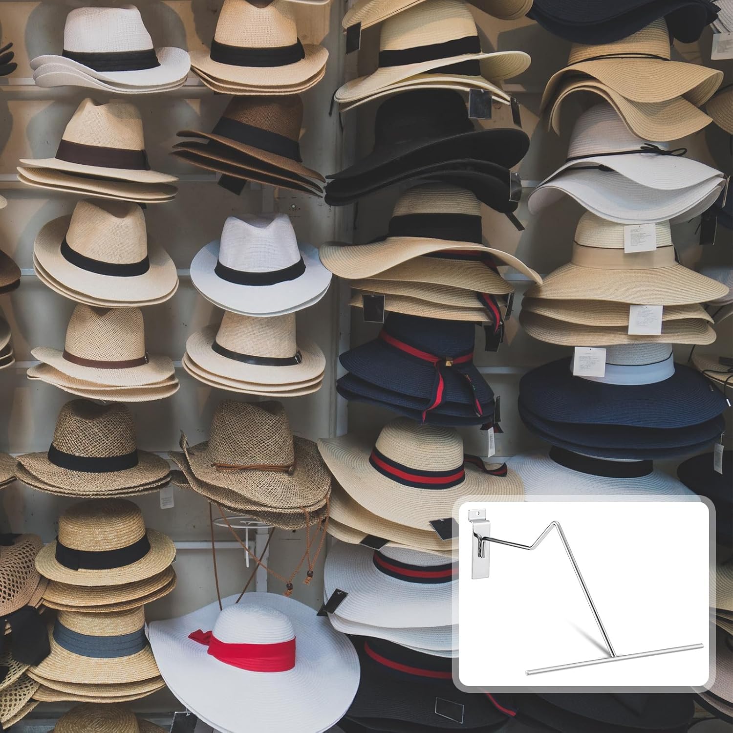 Supermarket Multifunctional Metal Hat Rack Western Cowboy Hat Display Chrome Hanger Organizer and Slatwall Hat Holder
