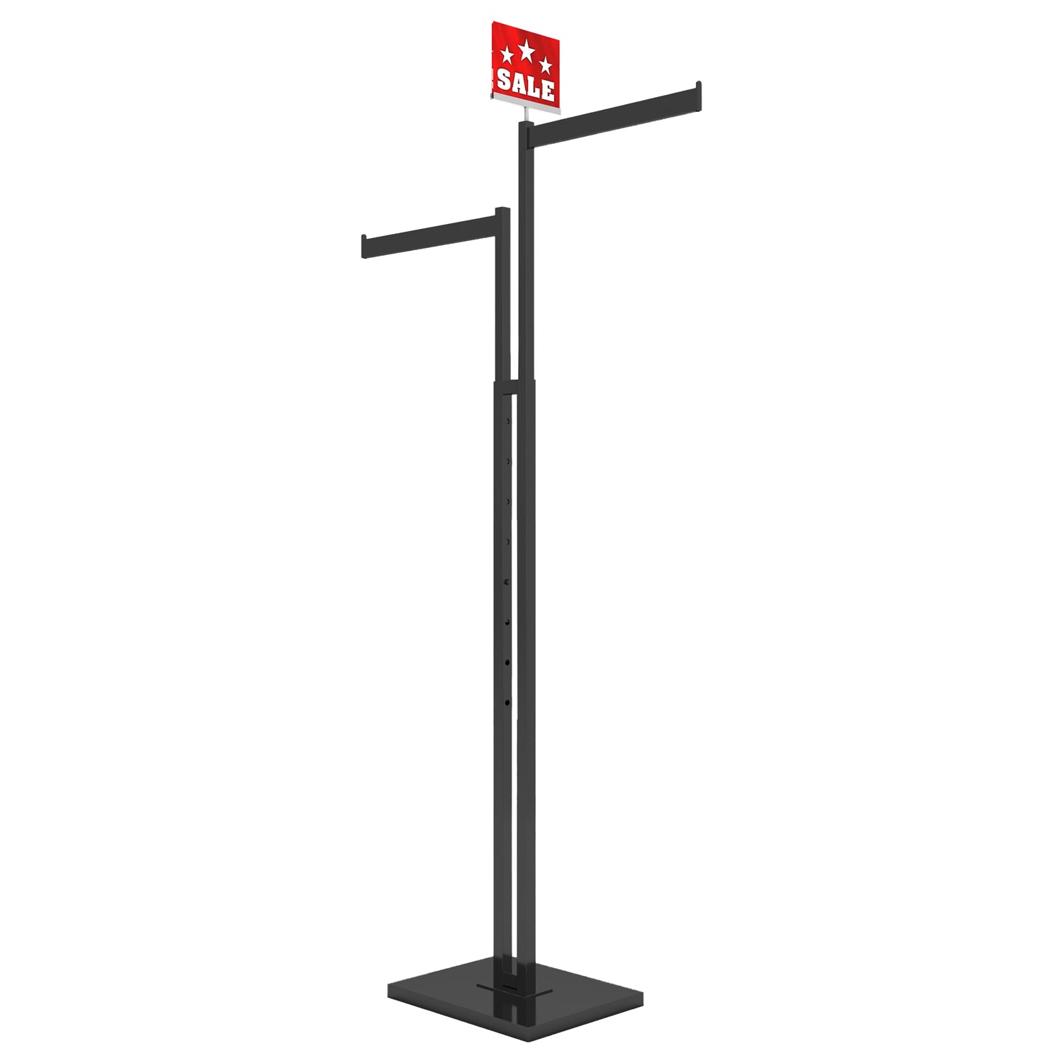 BDF commercial 2-way clothing rack with two straight arms in modern matte black finish, showing adjustable height mechanism and weighted base
