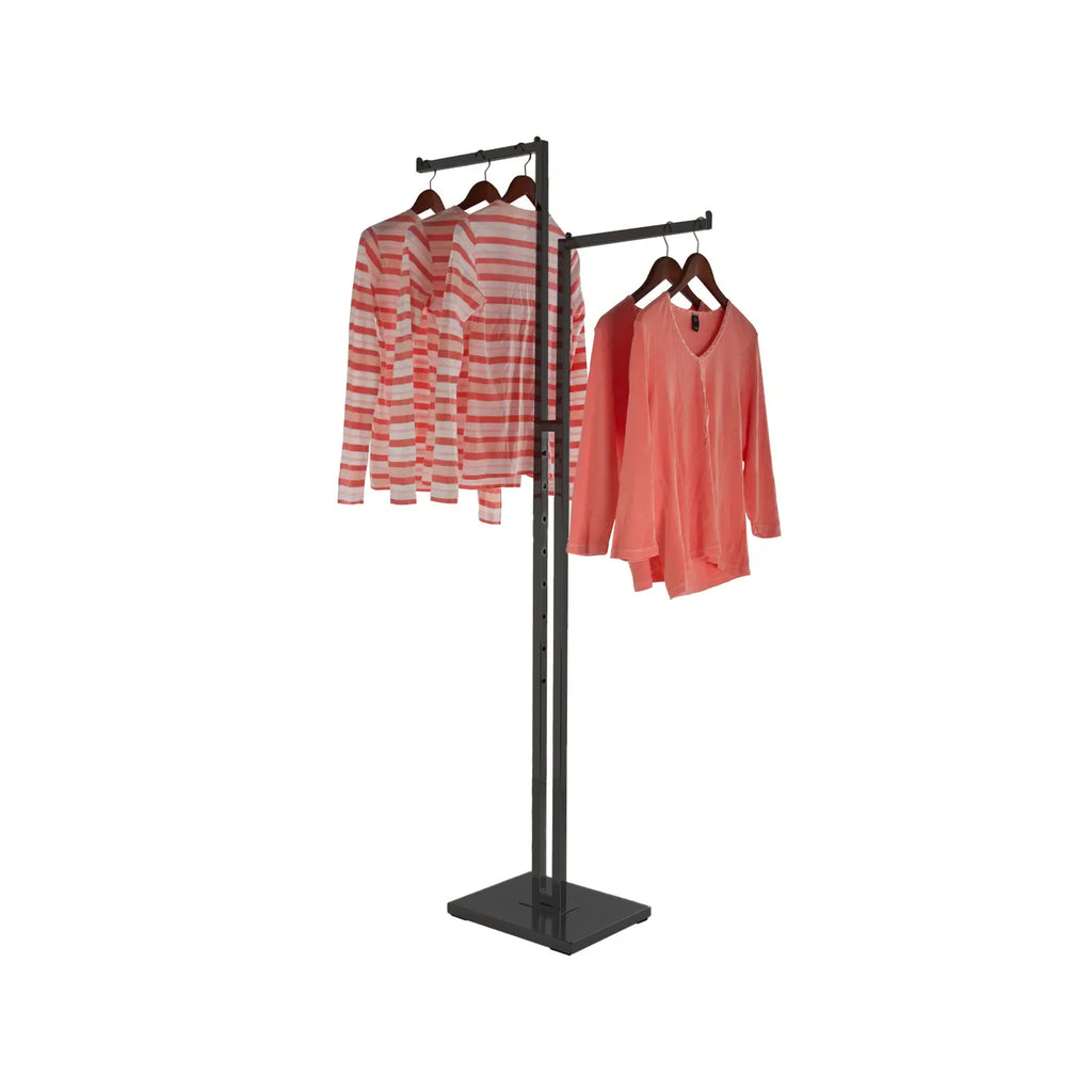 Close-up of push-button height adjustment on BDF matte black 2-way clothing rack, demonstrating 48" to 72" range adjustment