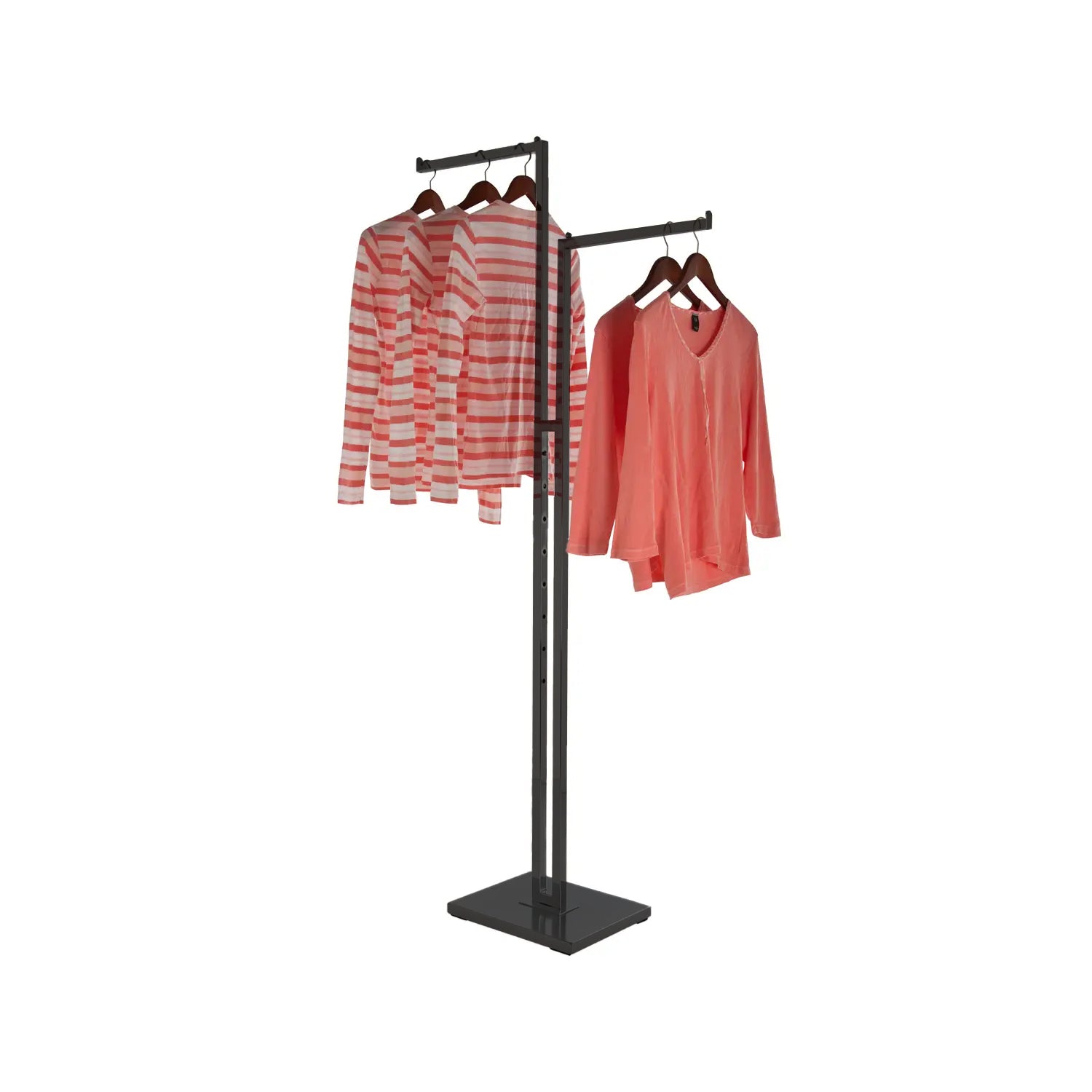 Close-up of push-button height adjustment on BDF matte black 2-way clothing rack, demonstrating 48" to 72" range adjustment
