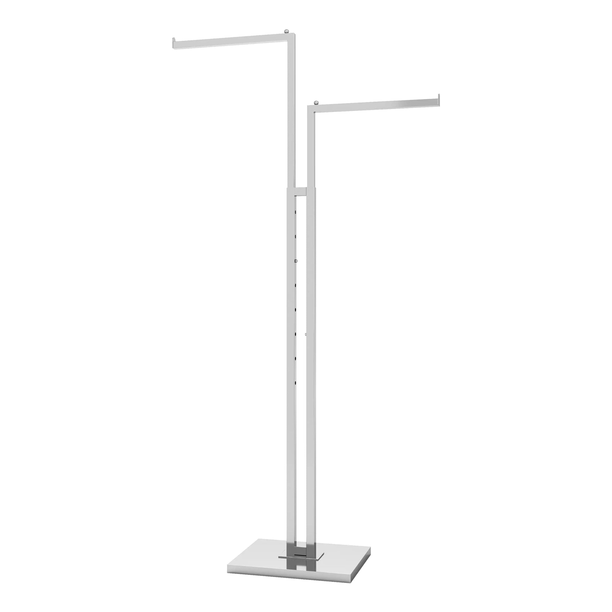BDF commercial 2-way clothing rack with two straight chrome arms, showing adjustable height mechanism and weighted base on white background