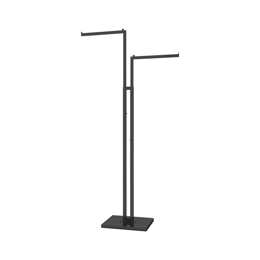 Detail of weighted 12x15 inch base and square tubing construction on BDF matte black 2-way clothing rack