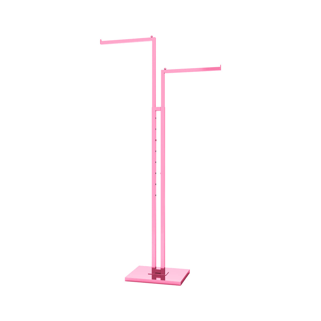 BDF elegant pink 2-way clothing rack with two straight arms, showing adjustable height mechanism and weighted base in soft pink finish